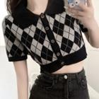 Short-sleeve Argyle Print Polo Knit Top / A-line Denim Skirt