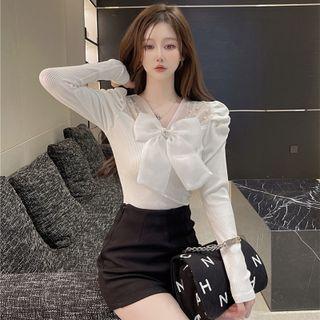 Long-sleeve Faux Pearl Embellished Bow Blouse