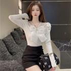 Long-sleeve Faux Pearl Embellished Bow Blouse