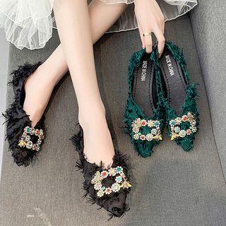 Pointed Rhinestone-buckle Textured Flats