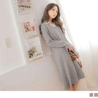 Smocked-cuff V-neck Knitted Dress