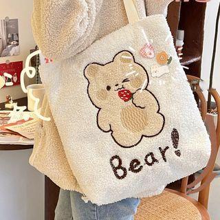 Cartoon Embroidered Fleece Tote Bag Bear & Strawberry - Off-white - One Size