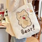 Cartoon Embroidered Fleece Tote Bag Bear & Strawberry - Off-white - One Size