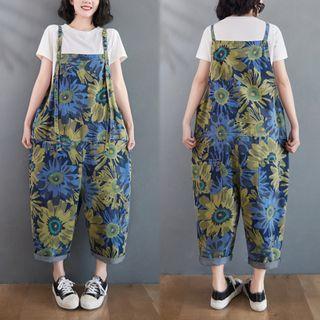 Floral Print Denim Jumper Pants Blue & Green Flowers - Blue - One Size