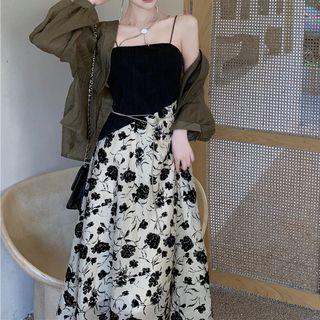 Spaghetti-strap Floral Panel Midi A-line Dress / Cardigan