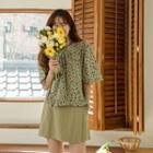 Elbow-sleeve Floral Print Blouse Brown - One Size