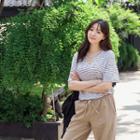 Strappy-neck Stripe Linen Blend T-shirt