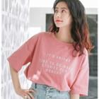 Elbow-sleeve Letter T-shirt / Asymmetric Frayed Hem A-line Mini Denim Skirt / Frayed Hem Ripped Wide-leg Denim Shorts