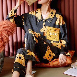 Loungewear Set : Long-sleeve Tree Bear Print Shirt + Pants
