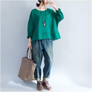 Long-sleeve Slit-hem Plain Top