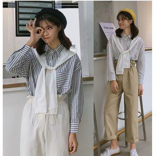 Striped Shirt / High Waist Straight-cut Pants