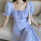 Short-sleeve Bow Back Plain Midi Dress Blue - One Size
