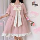 Short-sleeve Bow Sailor Collar A-line Dress Pink - One Size