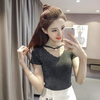 Glittered Cut Out Detail Short Sleeve Knit Top