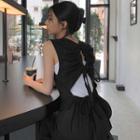 Sleeveless Drawstring Open-back Midi A-line Dress Black - One Size