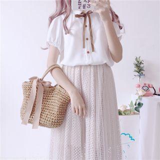 Set: Bow Accent Short Sleeve Shirt + Midi Mesh Skirt