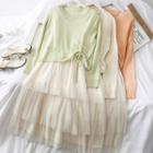 Set: Layered Mesh-hem Tank Dress + Drawstring Light Knit Top