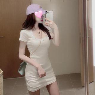 Lace Trim Short-sleeve Mini Sheath Dress White - One Size