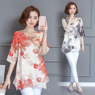 Elbow-sleeve Floral Print Chiffon T-shirt
