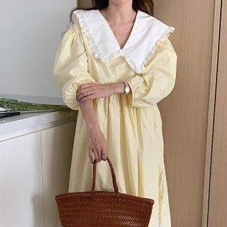 Long-sleeve Collared Midi A-line Dress Yellow - One Size