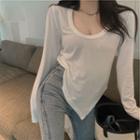 Long-sleeve Round-neck Asymmetrical T-shirt