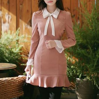 Beribboned Chiffon-trim Mini Dress