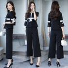 Set: Elbow-sleeve Bow-accent Jacket + Cropped Wide-leg Pants
