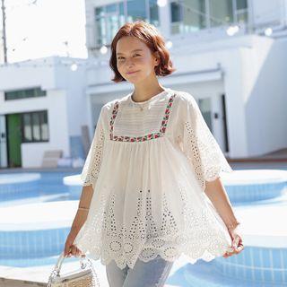 Floral-trim Eyelet-lace Shirred Top