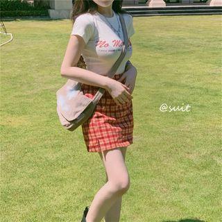 Lettering Print Short-sleeve T-shirt / Plaid Skirt