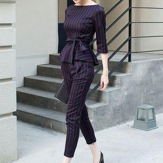 Set: 3/4-sleeve Striped Top + Striped Pants