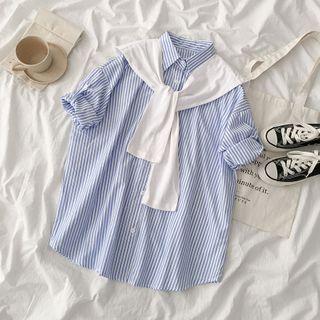 Set: Elbow-sleeve Striped Shirt + Scarf