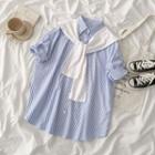 Set: Elbow-sleeve Striped Shirt + Scarf