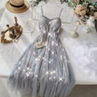 Sequined Spaghetti Strap Midi A-line Dress Light Gray - One Size