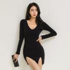 Plunge-neck Slit-hem Minidress Black - One Size