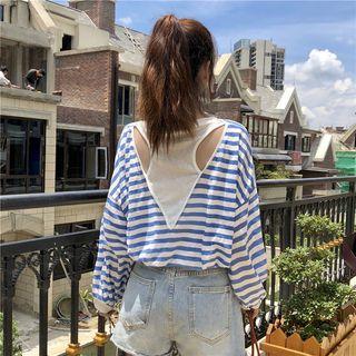 Long-sleeve T Shirt Wide Open-back Striped Panel Top