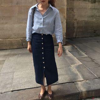 Striped Shirt / Buttoned Midi Straight Fit Skirt