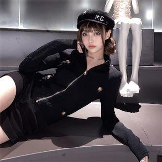 Long-sleeve Zip Knit Top Black - One Size