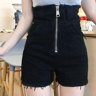 Distressed High-waist Zipper Denim Shorts