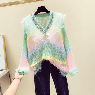 Mesh Panel Color-block V-neck Sweater