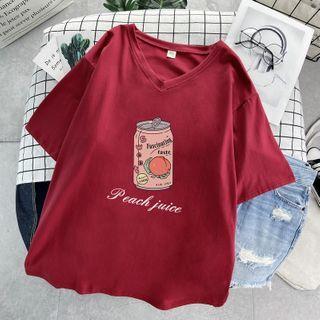 Short-sleeve Cartoon Print V-neck T-shirt