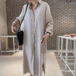 Long-sleeve Plain Midi Shirtdress / Sweater Vest