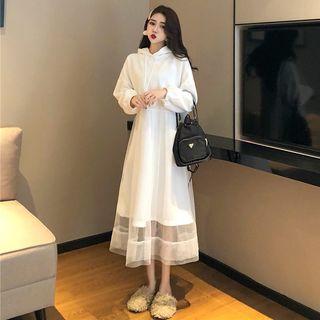 Mesh Overlay Midi Hoodie Dress
