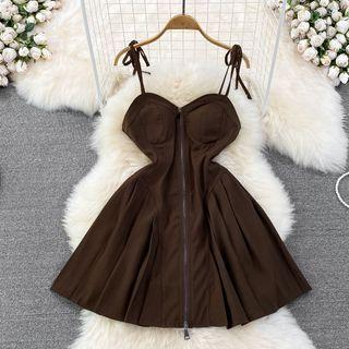 Bow Strap Zip Front A-line Mini Dress