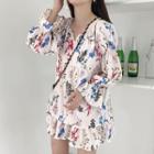 Floral Print Long-sleeve Notch Neck Tunic As Shown In Figure - One Size