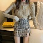 Buttoned Knit Top / Plaid Mini Woolen Skirt