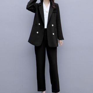 Set: Plain Double-breasted Blazer + Straight Leg Pants