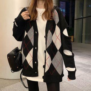 Long-sleeve Plain Slited T-shirt / Cut-out Plaid Knit Cardigan