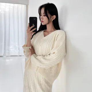 Set: Drop-shoulder Cable Cardigan + Slit-side Knit Skirt