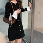 Bell-sleeve Two-tone Mini A-line Dress Black - One Size