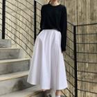 Long-sleeve Plain T-shirt / A-line Midi Skirt